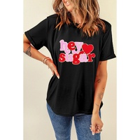 Black Chenille Heart hey sugar Patched Crewneck Valentines Tee - S thumbnail