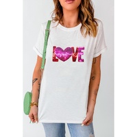 White Heart LOVE Patched Pattern Crewneck Valentines T Shirt - M thumbnail