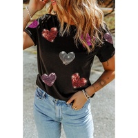 Black Sequin Heart Patched Pattern Crewneck Valentines Tee - 2XL thumbnail