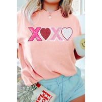 Pink Sequin Heart XOXO Patched Graphic Valentines T Shirt - 2XL thumbnail
