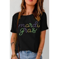 Black Rhinestone Mardi Gras Letter Graphic T Shirt - L thumbnail