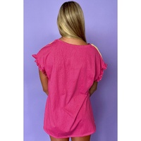 Rose Red Color Block Ruffled Crew Neck Loose Fit T Shirt - L thumbnail