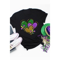 Black Fleur de Lis Heart Printed Mardi Gras T Shirt - XL thumbnail