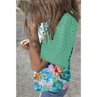 Green Floral Print Eyelet Embroidered Short Sleeve Crew Neck Top - M thumbnail