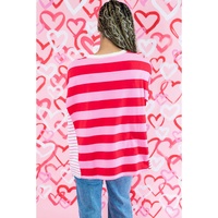 Pink Stripe Patchwork Round Neck Side Split Loose T Shirt - S thumbnail