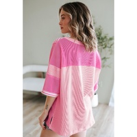 Pink Stripe Color Block Patchwork Loose Half Sleeve T Shirt - L thumbnail