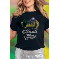 Black Rhinestone Mardi Gras Clown Hat Graphic Crewneck Tee - L thumbnail