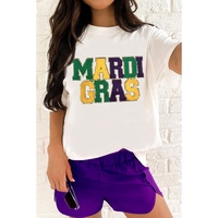 White Chenille MARDI GRAS Patched Graphic T Shirt - M thumbnail