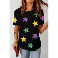 Black Colorful Sequin Stars Patched Relaxed T Shirt - S thumbnail