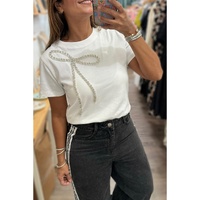 White Rhinestone Bow Embellished Round Neck Tee - S thumbnail