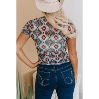 Blue Western Aztec Print Mesh Slim T Shirt - L thumbnail
