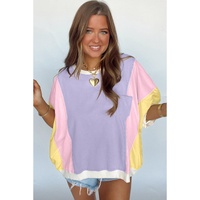 Purple Color Block Patchwork Half Sleeve Oversized T Shirt - L thumbnail
