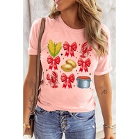 Pink Summer Food Bow Crawfish Printed T Shirt - S thumbnail