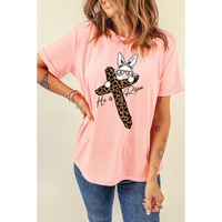 Pink He is Risen Easter Bunny Leopard Cross Graphic Tee - S thumbnail