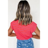 Red Stripe Ribbed Cap Sleeve Round Neck T Shirt - L thumbnail