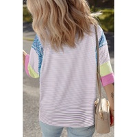 Purple Stripe Floral Color Block Raw Edge Patchwork Bracelet Sleeve Blouse - L thumbnail