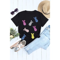 Black Sequin Bunny Doll Graphic Easter Day T Shirt - S thumbnail