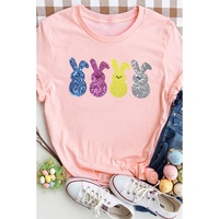 Pink Sequin Cute Bunny Graphic Easter Fashion Tee - L thumbnail