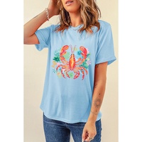 Light Blue Floral Summer Lobster Graphic Tee - L thumbnail