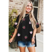 Black Sequin Strawberry Graphic High Low Relaxed Fit Tee - M thumbnail
