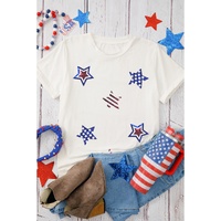 White USA Sequin Stars Patched Casual T Shirt - 3XL thumbnail