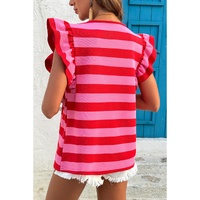 Red Stripe Flutter Sleeve Round Neck T Shirt - XS thumbnail