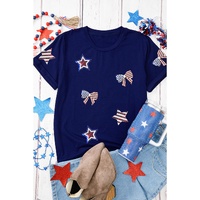 Blue Sequin USA Flag Bow Star Graphic Crewneck T Shirt - S thumbnail