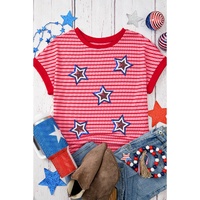 Pink Stripe Sequined Star Independence Knitted Summer T Shirt - M thumbnail