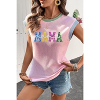 Pink Sequined MAMA Graphic Corded Rib Knit Colorblock T Shirt - L thumbnail