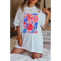 White Floral Print Half Sleeve Round Neck Oversized Tee - M thumbnail