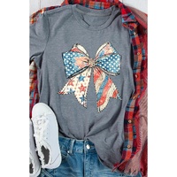 Gray US Flag Bow Print Round Neck Loose T Shirt - M thumbnail