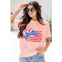 Pink Stars and Stripes Bow Knot Crew Neck T Shirt - M thumbnail
