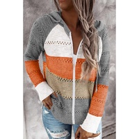 Gray Zipped Front Colorblock Hollow-out Knit Hoodie - S thumbnail