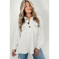 White Oversized Flap Pockets Button Collared Sweatshirt - L thumbnail
