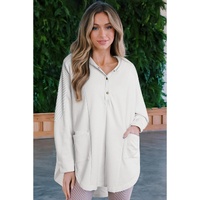 White Patchwork Side Pockets Oversized Henley Hoodie - L thumbnail