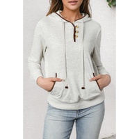Beige Drawstring Kangaroo Pocket Henley Hoodie - S thumbnail