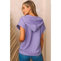 Purple Short Sleeve Buttoned Neck Kangaroo Pocket Hoodie - M thumbnail