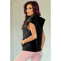 Black Solid Color Cap Sleeve Kangaroo Pocket Hoodie - 2XL thumbnail