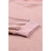 Pink Solid Ribbed Knit Round Neck Pullover Sweatshirt - L thumbnail