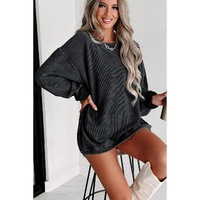 Black Solid Ribbed Knit Round Neck Pullover Sweatshirt - L thumbnail