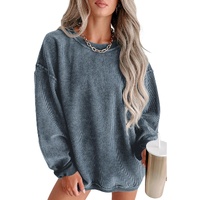 Blue Solid Ribbed Knit Round Neck Pullover Sweatshirt - S thumbnail
