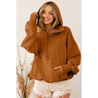 Brown Ribbed Trim Kangaroo Pocket Zipped Hoodie - L thumbnail