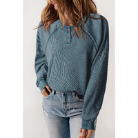 Sea Green Waffle Knit Raglan Sleeve Henley Sweatshirt - L thumbnail