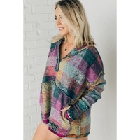 Multicolor Brushed Plaid Buttoned Pullover Oversized Hoodie - S thumbnail