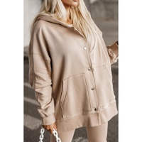 Beige Solid Color Pocketed Button Up Loose Hoodie - L thumbnail