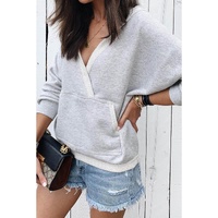Gray Contrast Trim V Neck Wrap Sweatshirt with Pocket - M thumbnail