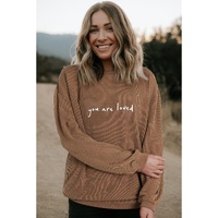 Khaki You Are Loved Print Corduroy Sweatshirt - L thumbnail