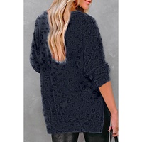 Gray Leopard Print Button Split Neck Waffle Sweatshirt - M thumbnail