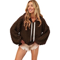 Dark Brown Bubble Textured Waffle Hoodie - M thumbnail