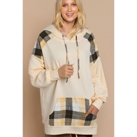 Khaki Plaid Patchwork Kangaroo Pocket Oversized Hoodie - S thumbnail